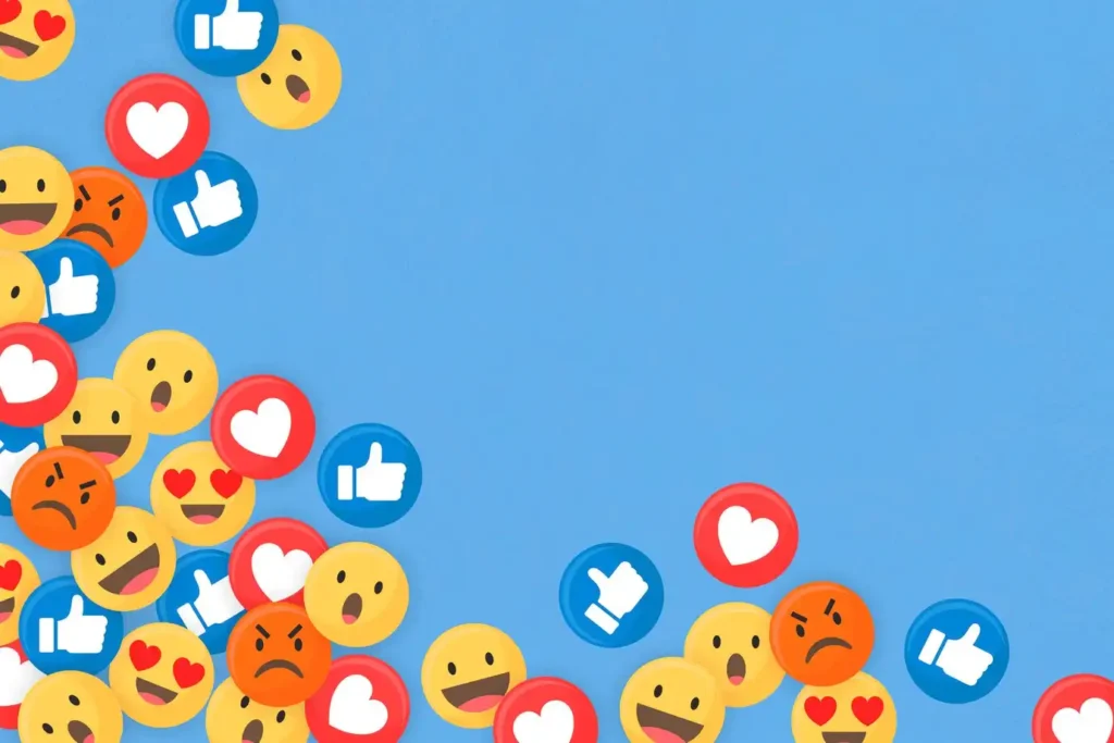 Vários emojis coloridos representam reações nas redes sociais, simbolizando interações em grupos no Facebook. Ideal para redes sociais.