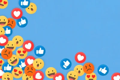 Vários emojis coloridos representam reações nas redes sociais, simbolizando interações em grupos no Facebook. Ideal para redes sociais.