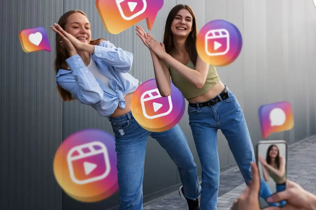 Imagem que representa o marketing de influência no Instagram, com foco em interações digitais e engajamento através de redes sociais. Uma mulher segurando um smartphone em um ambiente urbano com ícones do Instagram surgindo.