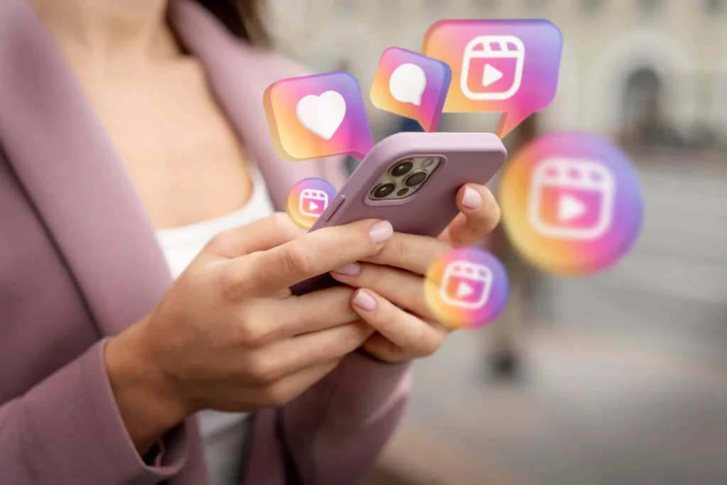 Imagem que representa o marketing de influência no Instagram, com foco em interações digitais e engajamento através de redes sociais. Uma mulher segurando um smartphone em um ambiente urbano com ícones do Instagram surgindo.