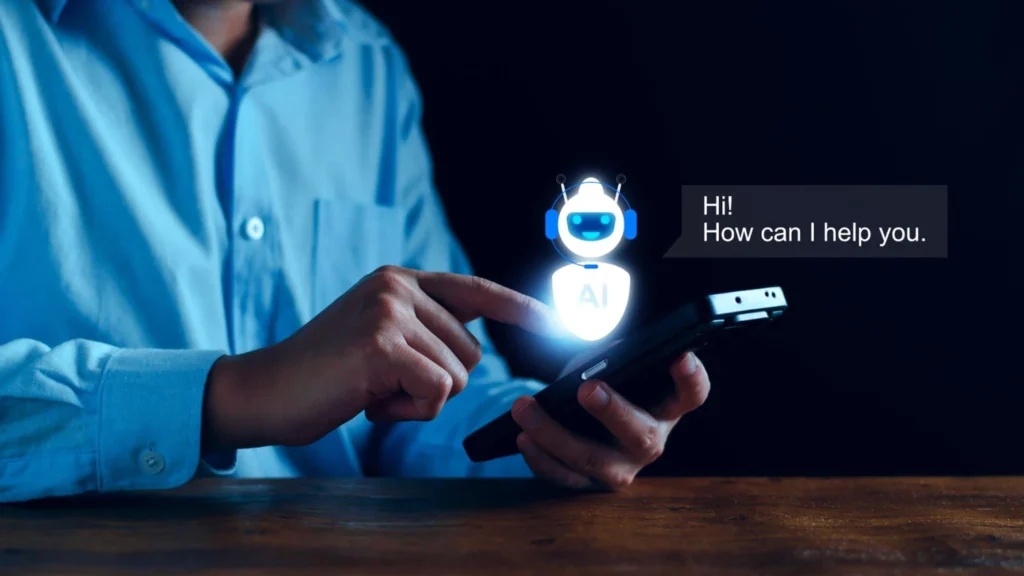 Imagem de um usuário interagindo com um chatbot que oferece suporte ao cliente em um dispositivo móvel. A tecnologia de chatbots no atendimento ao cliente é cada vez mais utilizada para melhorar a experiência do cliente.