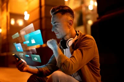 Homem usando smartphone com fones de ouvido, analisando dados, simbolizando a otimização de anúncios com inteligência artificial.