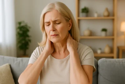 Mulher de meia-idade com expressão de desconforto, sentada em um sofá claro em ambiente doméstico, simbolizando sintomas da menopausa