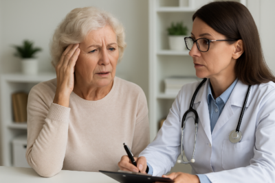 Idosa em consulta médica relatando perda de memória com neurologista em Brasília