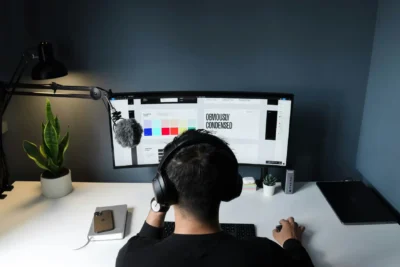 Pessoa assistindo a um webinar sobre as últimas tendências e inovações do setor, com foco na modernidade e tecnologia, usando headset e computador dual screen.