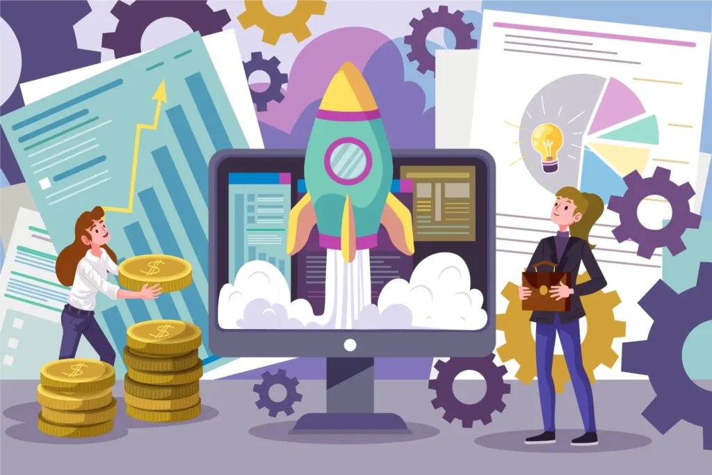 Ilustração de negócios digitais mostrando crescimento, crescimento de lucros, investimento financeiro e inovação, representando o conceito de Economia de Plataforma.