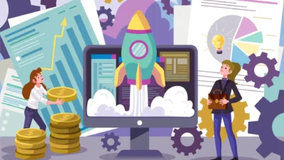 Ilustração de negócios digitais mostrando crescimento, crescimento de lucros, investimento financeiro e inovação, representando o conceito de Economia de Plataforma.