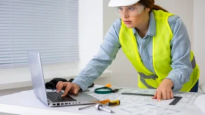 Engenheira avaliando equipamentos e insumos de alta performance em projeto de construção, destacando critérios importantes na escolha adequada.