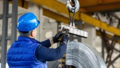 Técnico em manutenção ajustando uma talha de cabo de aço para melhorar a produtividade em atividades industriais.