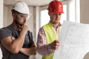 Engenheiros analisando critérios técnicos e legais na escolha de insumos para construção e indústria em um projeto de obras.