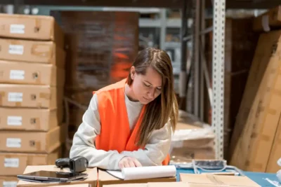 Mulher analisando papel na organização de embalagens em estoque para otimizar custos e melhorar a gestão de embalagens.