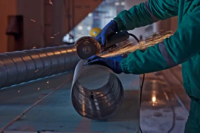 Imagem de um profissional realizando corte em tubo de metal com equipamento de solda, envolvendo trabalho de tratamento térmico de metais.